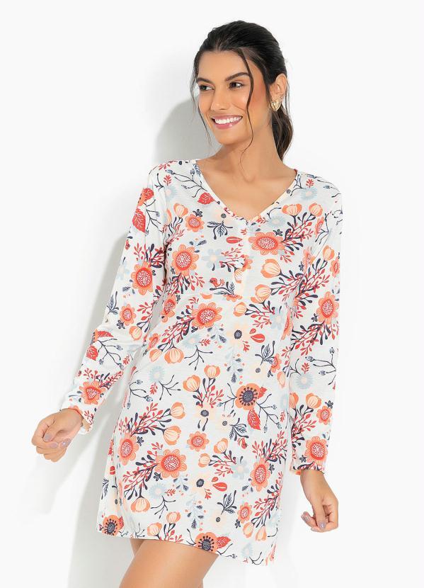 Camisola Manga Longa com Botões Floral Bege
