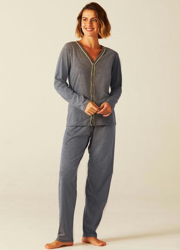 Pijama Cinza Escuro Decote V em Malha