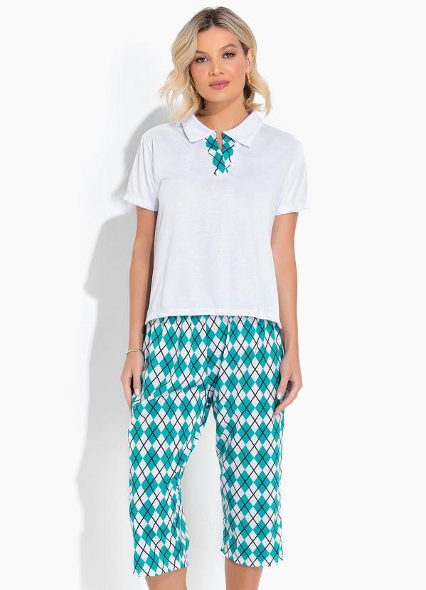 Pijama Estampado com Gola Verde e Branco