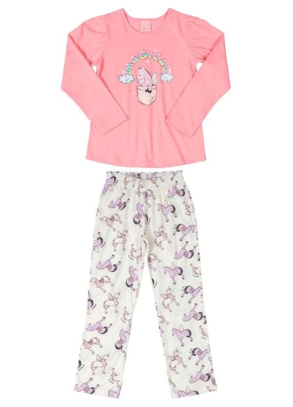 Pijama Mãe e Filha Manga Longa Rosa