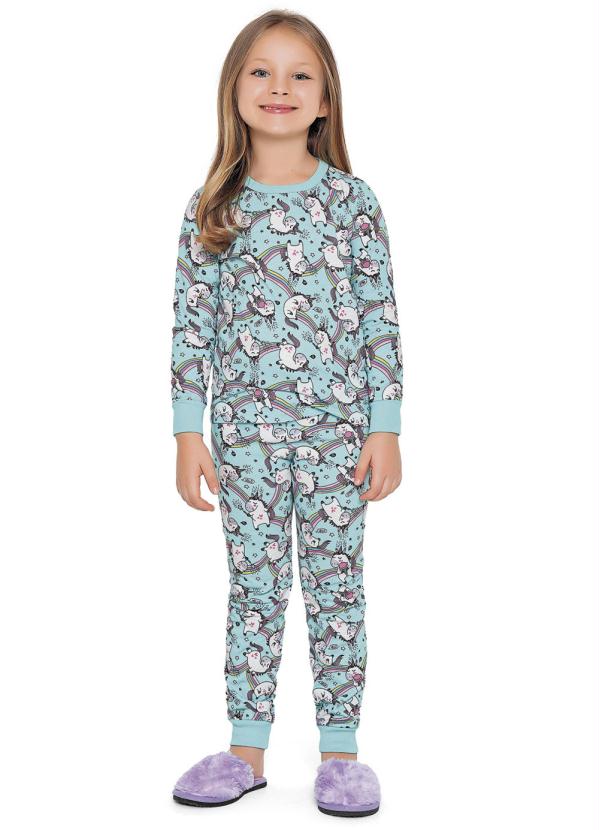 Conjunto Pijama Longo Estampado Unicórnios Azul