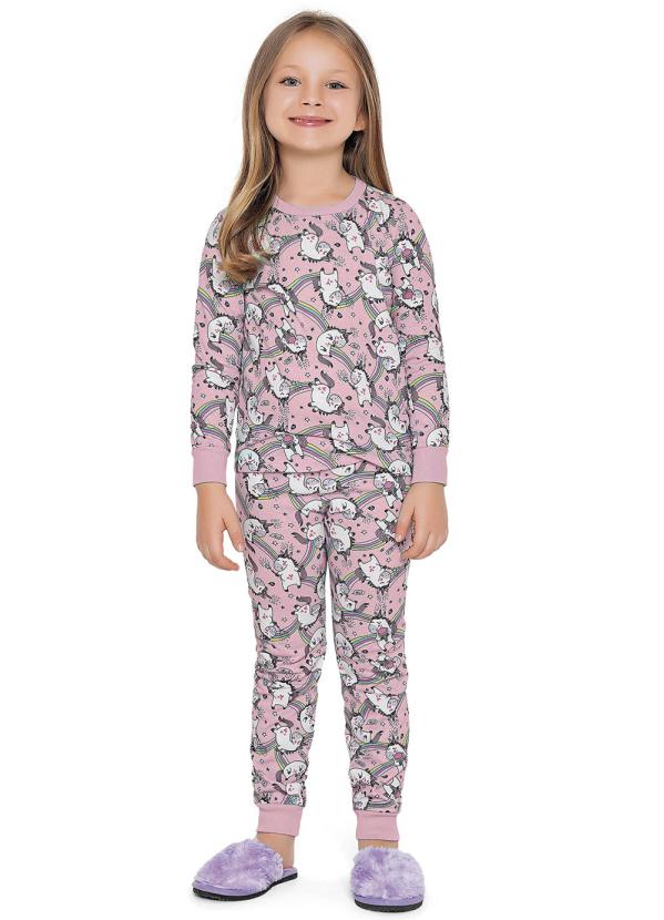 Conjunto Pijama Longo Estampado Unicórnios Rosa