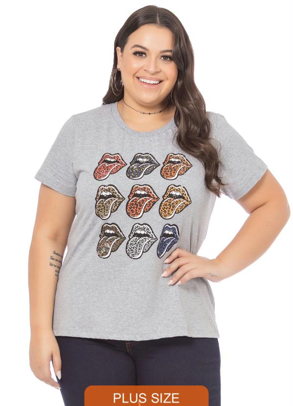 T-Shirt Feminina com Estampa de Bocas Cinza