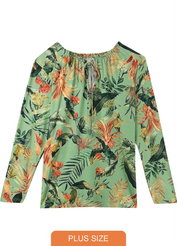 Malwee Plus - Blusa verde floral com pingente