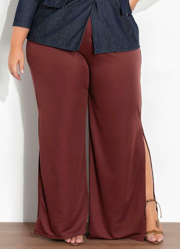 Vista 2 Calça Marrom com Fendas Laterais Plus Size Marguerite Marguerite