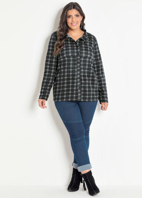 

Camisa com Botões Xadrez Preta Plus Size, Preto