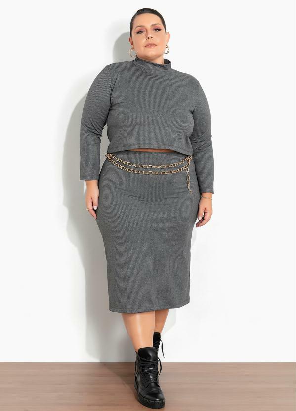 Vista 2 Conjunto Chumbo Blusa e Saia em Ribana Plus Size Marguerite Marguerite
