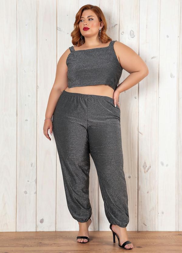 Conjunto Preto e Prata Cropped e Calça Plus Size
