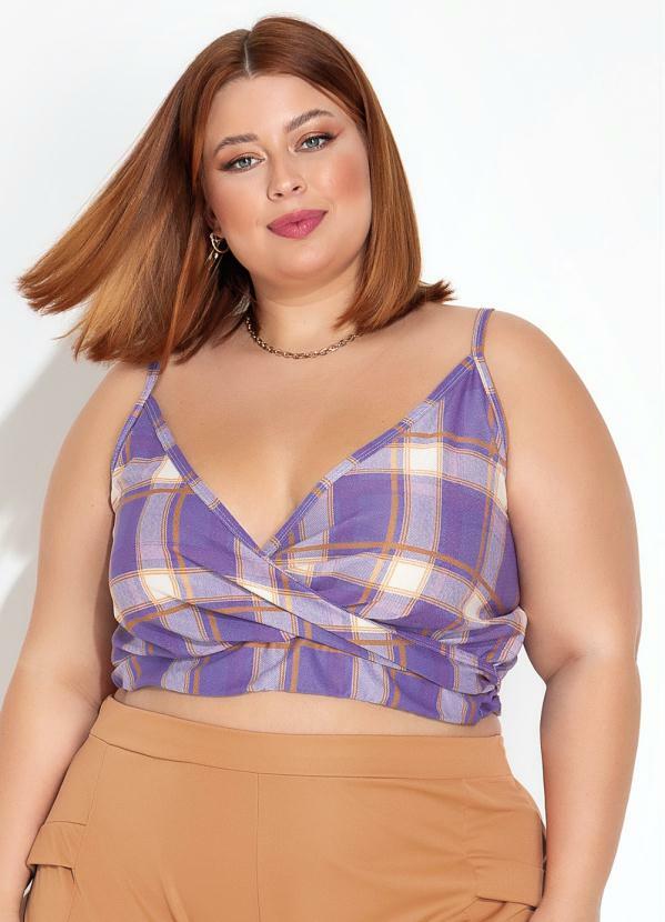 Vista 2 Cropped Xadrez Lilás Transpassado Plus Size Marguerite Marguerite