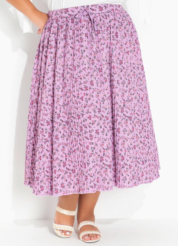 Saia Floral Lilás Evasê Plissada Plus Size
