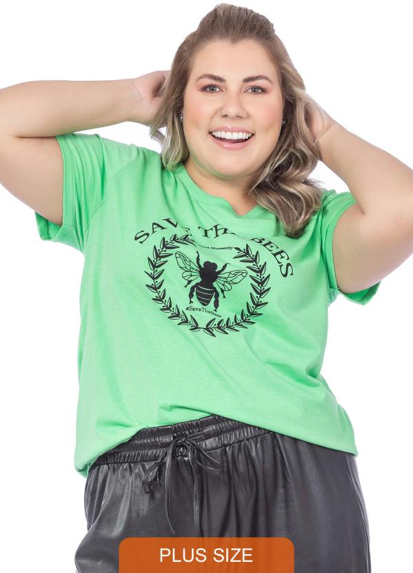 T-Shirt Feminina Estampa de Abelha Verde Claro