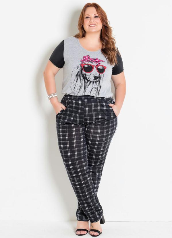 

T-Shirt Mescla e Preta com Mangas em Cirrê, Cinza
