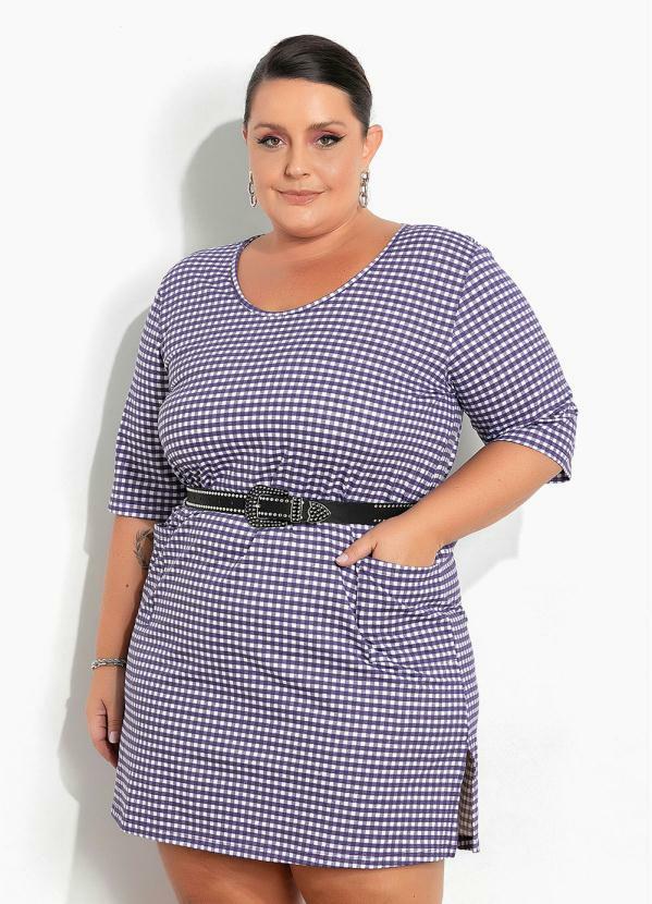 Vestido Xadrez Roxo com Bolsos Plus Size