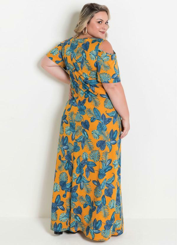 

Vestido Longo Folhagem Plus Size com Ombros Vaza, Amarelo