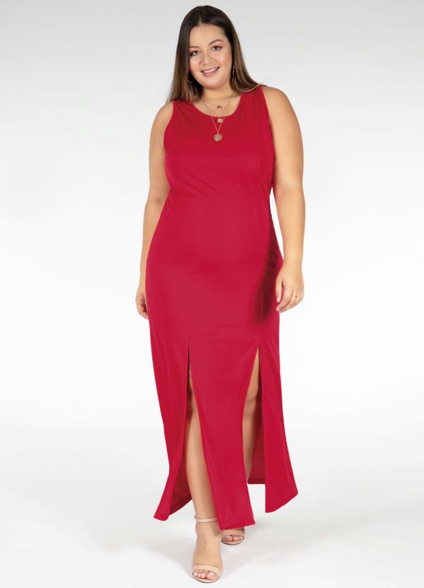 Vestido Longo Vermelho com Fendas Plus Size
