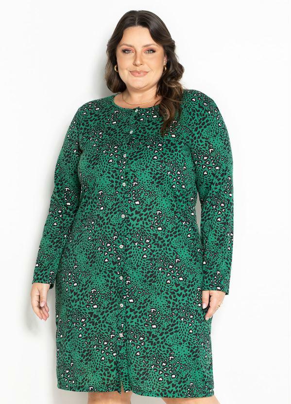 Vestido Animal Print Verde com Botões Plus Size
