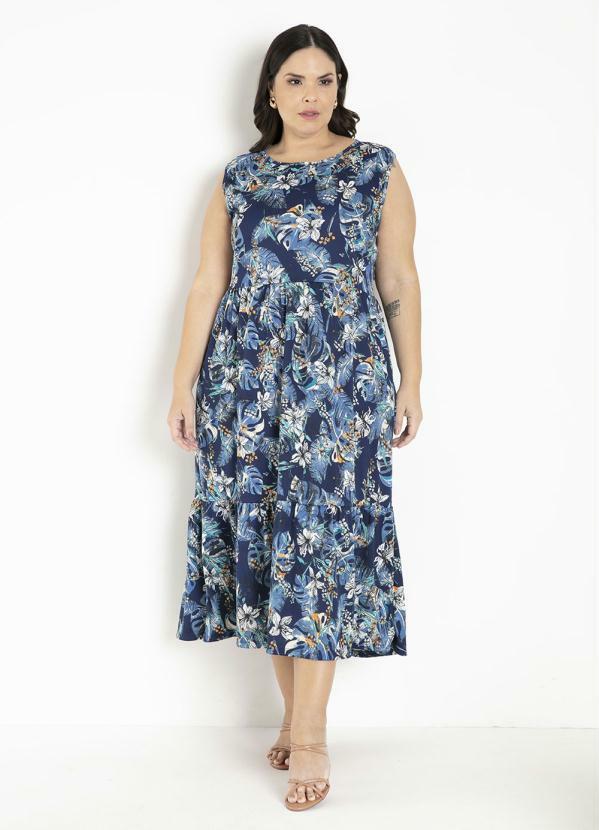 

Vestido Floral Azul com Franzidos Plus Size