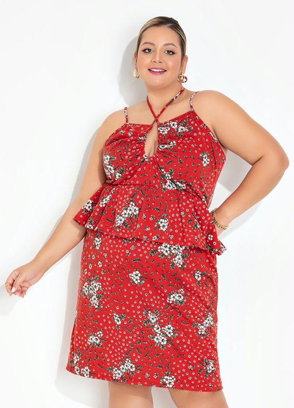 Vestido Floral Vermelho com Babado Plus Size