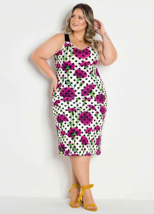 

Vestido Midi com Fendas Poá e Floral Plus Size, Branco