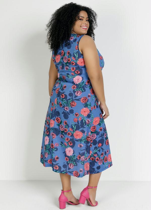 

Vestido Midi Floral Azul com Amarração Plus Size