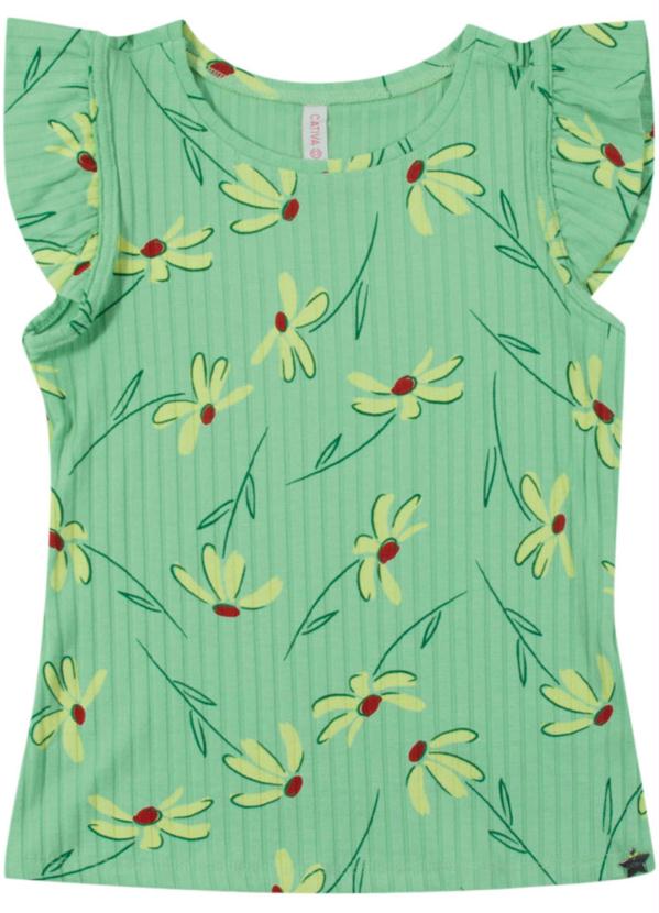 Blusa Canelada com Estampa Floral Verde