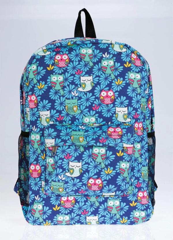 Mochila com Estampa de Corujas e Flores Azul