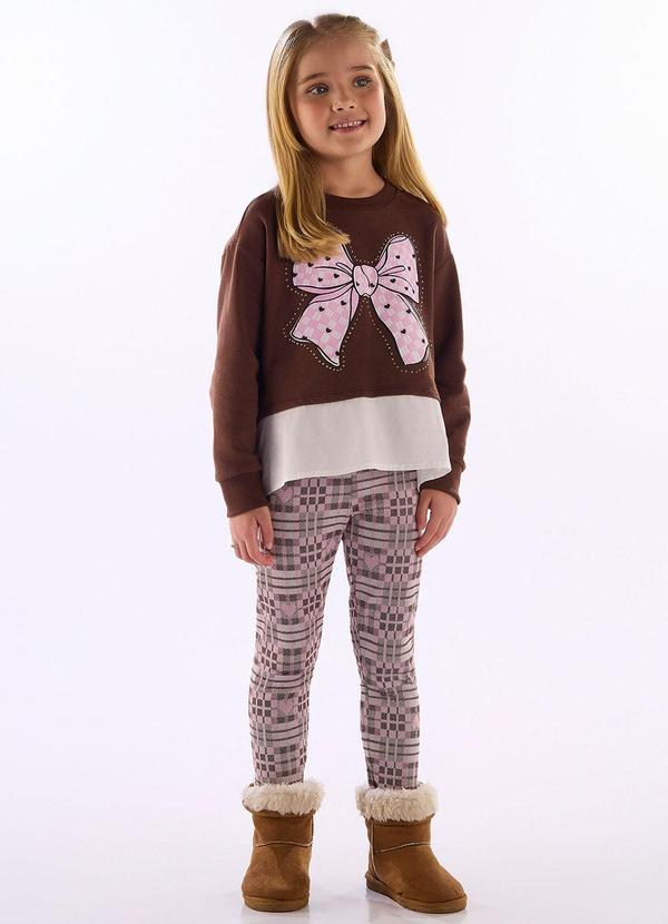 Conjunto Blusão Laço Legging Xadrez Marrom