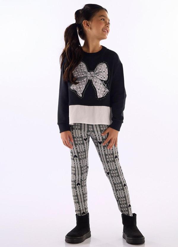 Conjunto Blusão Laço Legging Xadrez Preto
