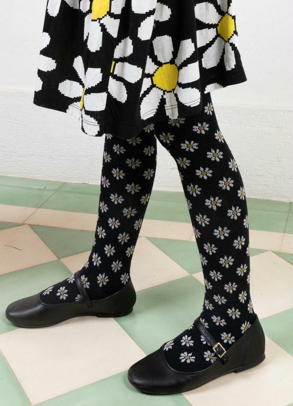 Meia Calça Estampa Florpixel Preta