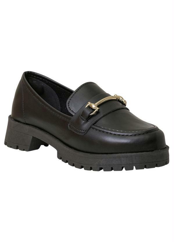 Mocassim Feminino Preto com Adereço Dourado