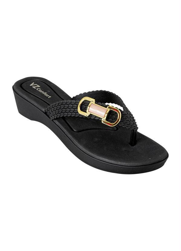 Vista 2 Tamanco Preto com Adereço em Dourado no Cabedal Perfecta Perfecta