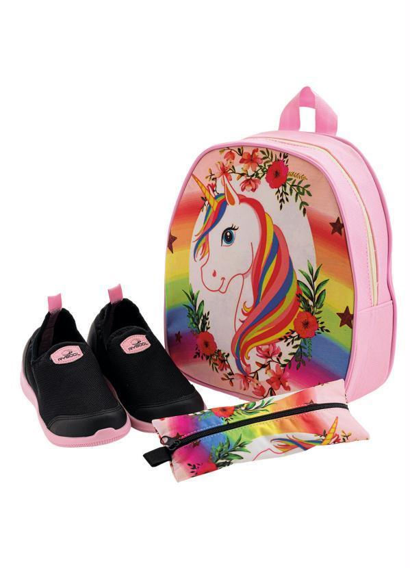 Kit Infantil Tênis+Mochila+Estojo Preto e Rosa
