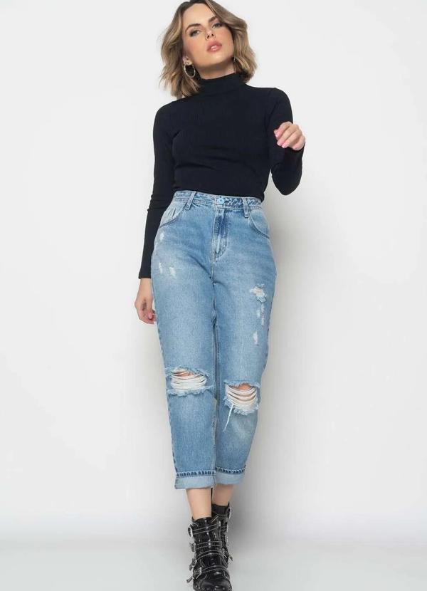 Blusa Gola Alta Manga Longa Malha Canelada Fashion Preto