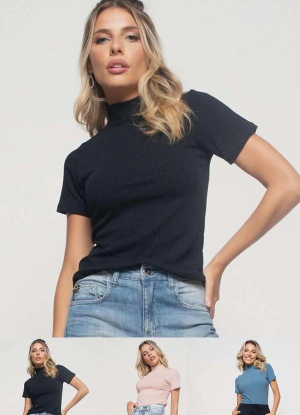 Kit 3 Blusas Gola Alta Comfy Malha Canelada Fashion Preto