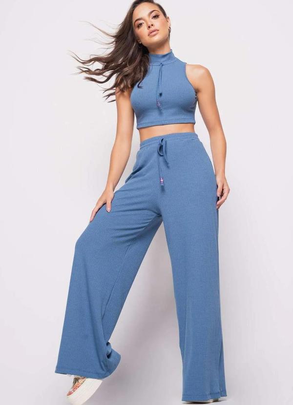 Calça Wide Leg Malha Canelada Fashion Azul