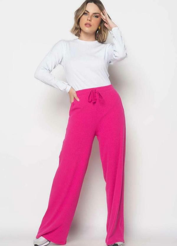 Calça Wide Leg Malha Canelada Fashion Rosa
