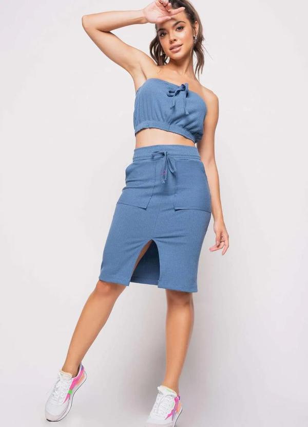 Vista 2 Saia Midi com Bolso Malha Canelada Fashion Azul Salvatore Fashion Salvatore Fashion