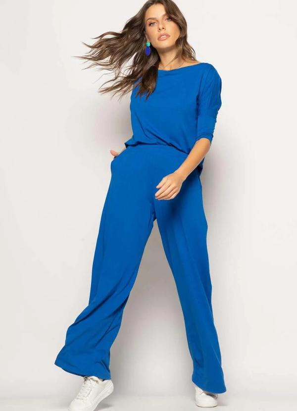 Conjunto Blusa Canoa 3/4 e Wide Leg Malha Azul