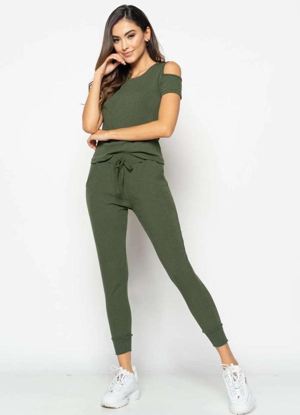 Conjunto Comfy com Blusa Ombro Vazado e Jogger Canelada Fashion Verde