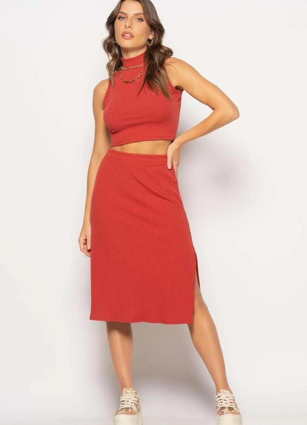 Conjunto Cropped Regata e Saia Midi Malha Canelada Laranja