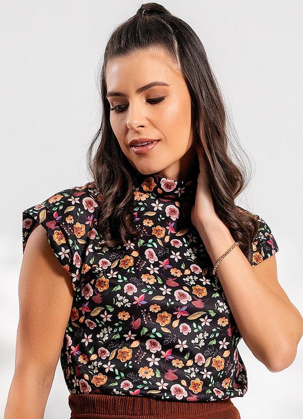 Blusa Floral Escuro em Jersey Acetinado