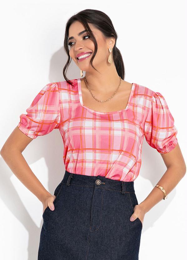 Vista 2 Blusa Xadrez Rosa Mangas Curtas Rosalie Rosalie
