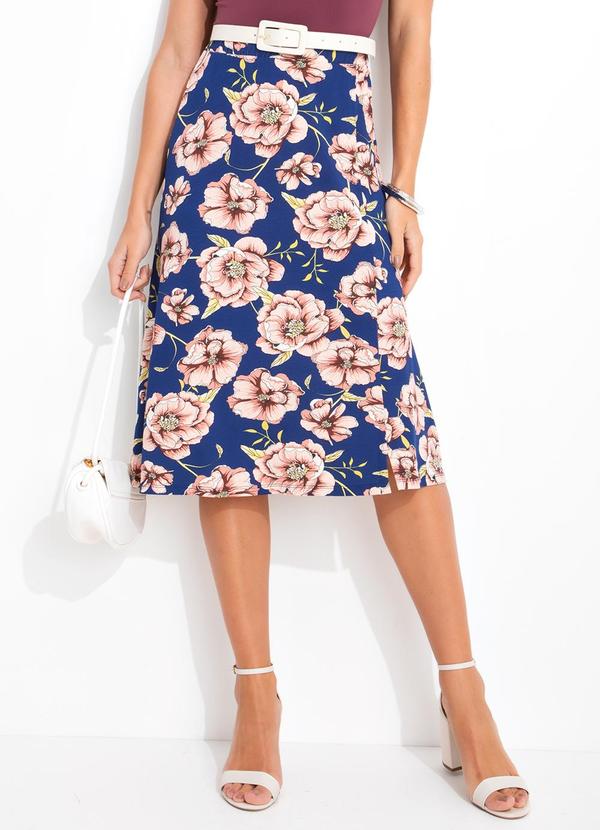Saia Floral Fundo Marinho em Malha de Viscose