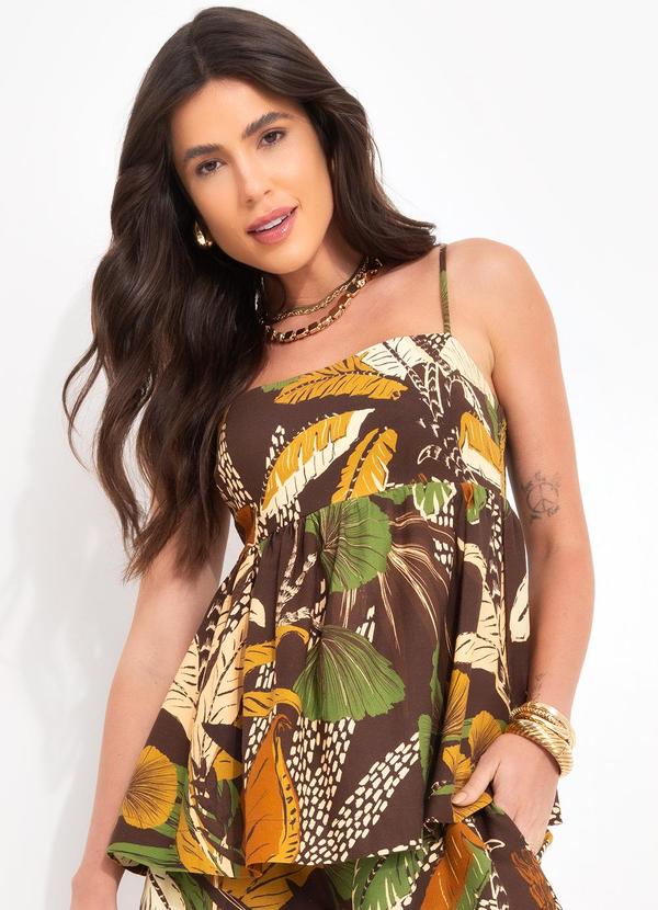 Blusa em Viscolinho Floresta Sketch Marrom