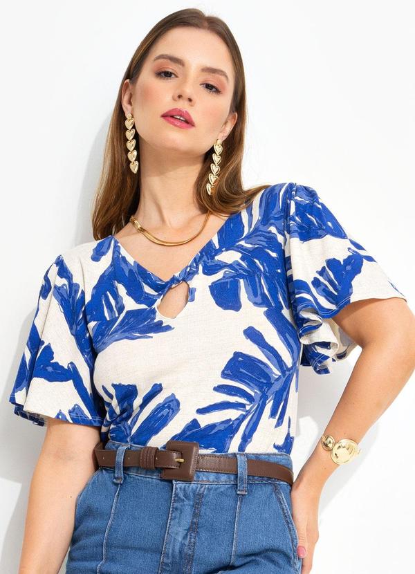 Blusa Folhagem Azul em Malha de Viscose