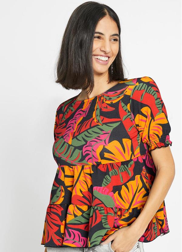 Blusa Tropical Preto em Malha Crepe