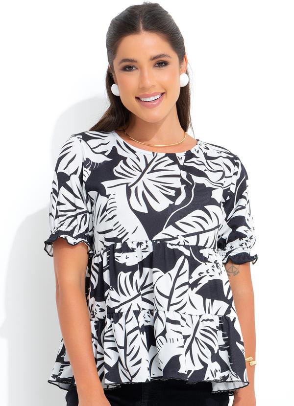 Blusa Tropical Preto em Malha Crepe