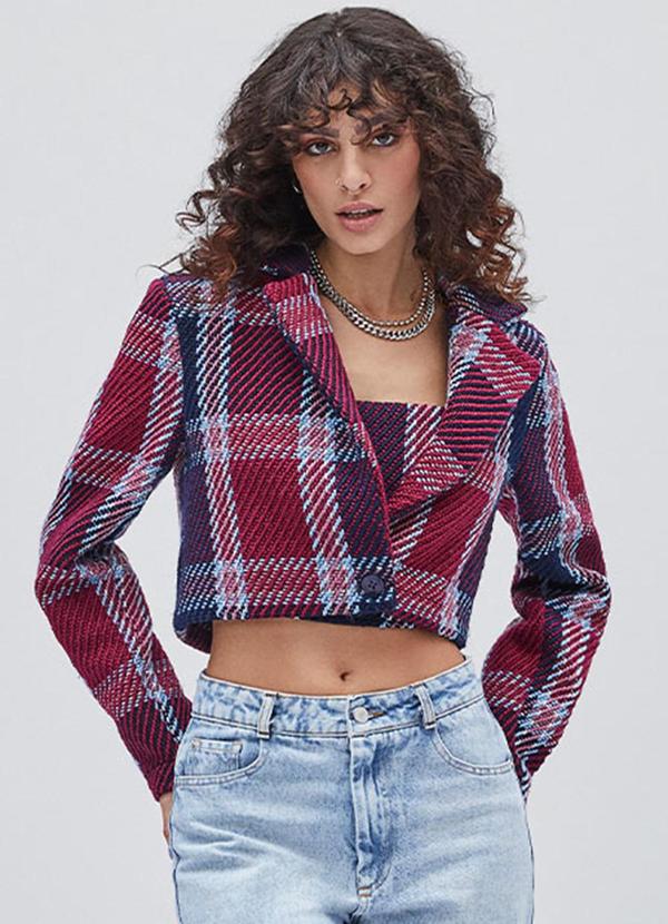 Vista 2 Blazer Cropped Xadrez de Tweed Vermelho Authoria Authoria