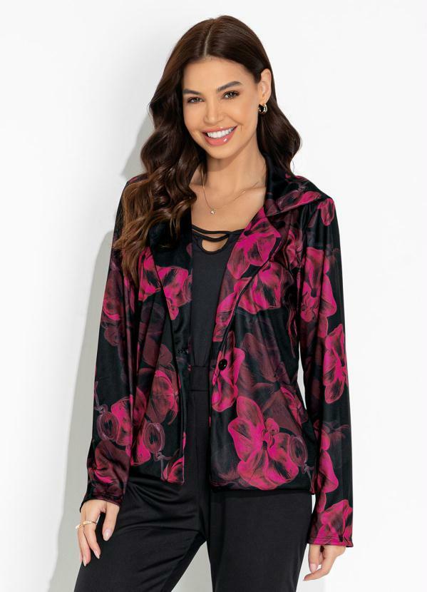 Vista 2 Blazer Floral Preto com Fechamento em Botão Moda Pop Moda Pop
