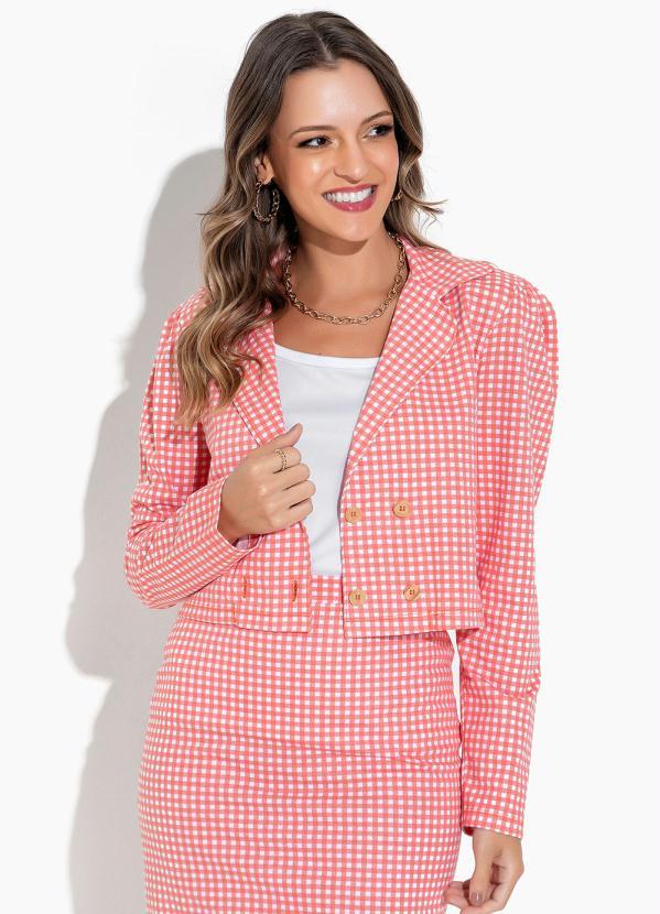Vista 2 Blazer Xadrez Coral com Botão Rosalie Rosalie